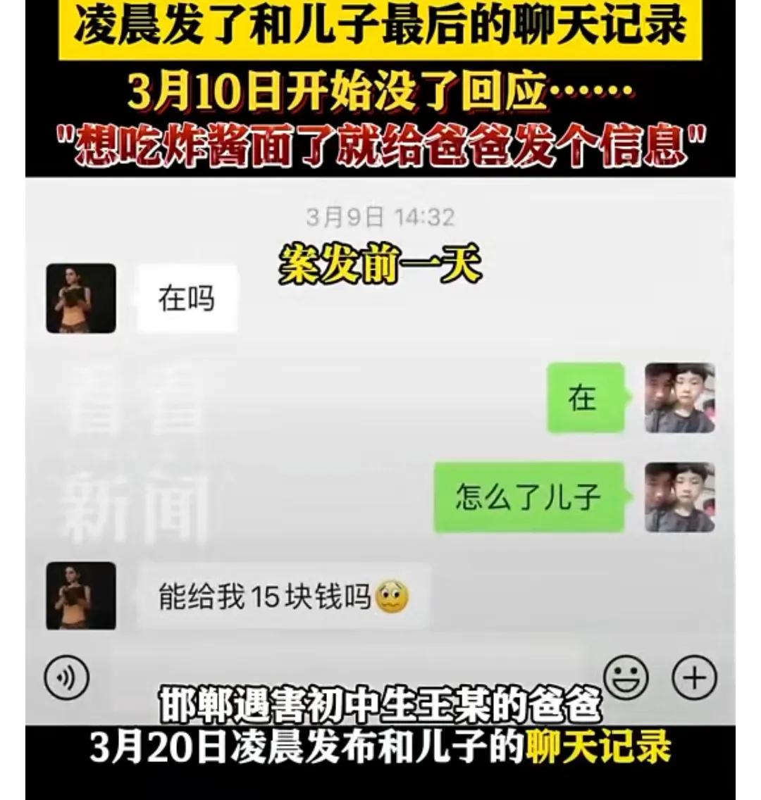 真心酸！邯郸遇害初中生与父亲最后聊天记录曝光：要20块钱想吃炸酱面。

3月20