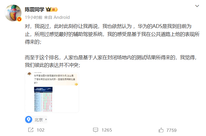 大V陈震谈懂车帝测试结果 近日，懂车帝联手央视对 36 辆车的辅助驾驶进行实测，