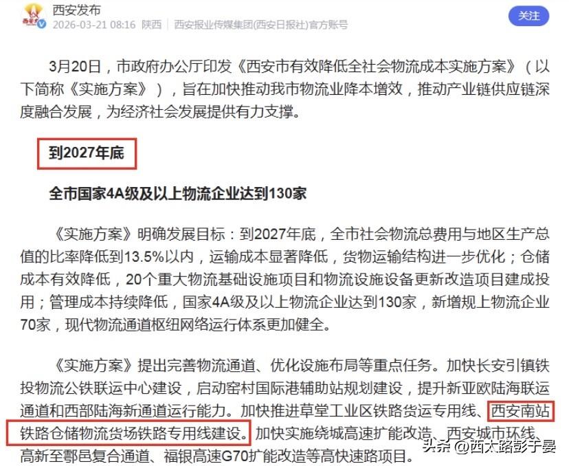 西安南站铁路仓储物流货场专用线要来了

3月20日西安发布物流降本实施方案，加快