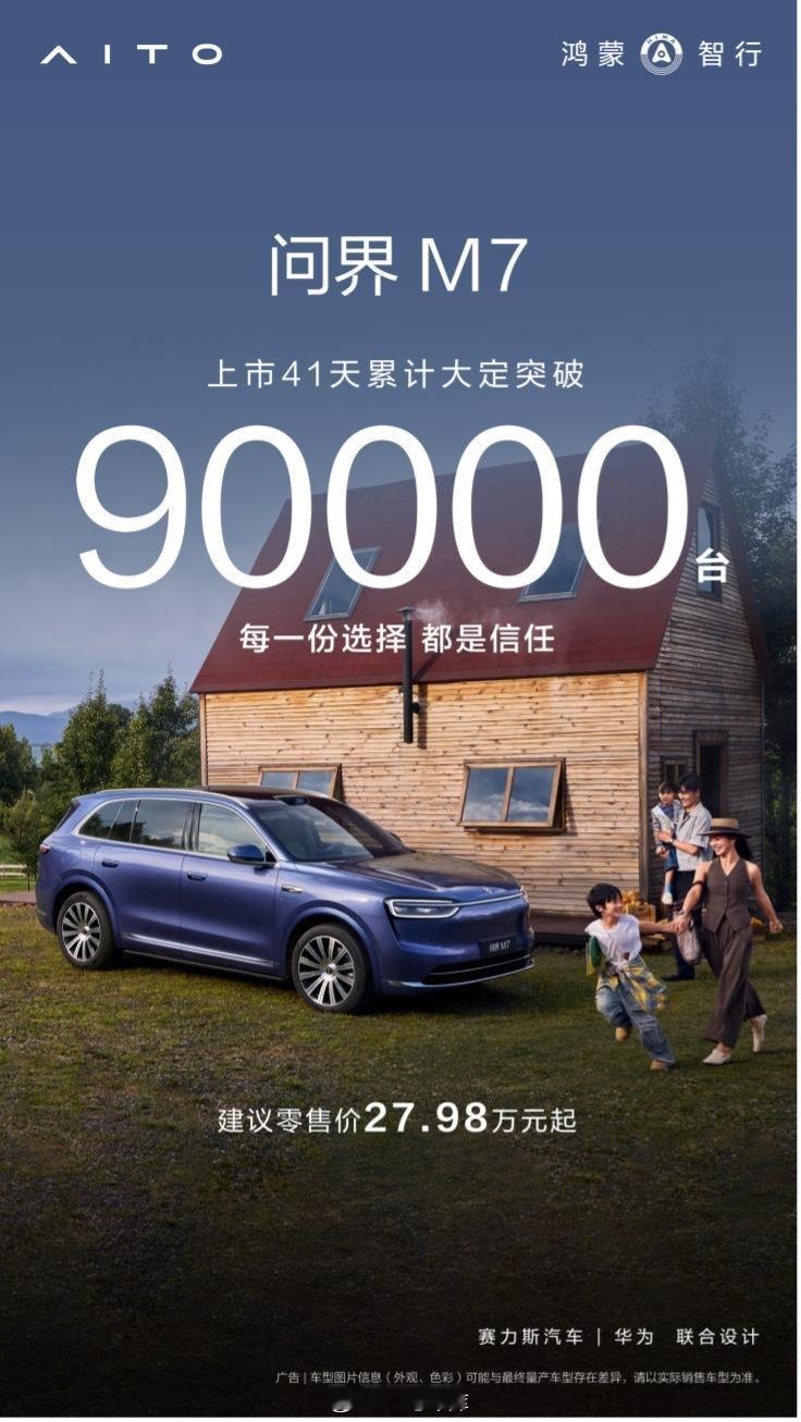 全新问界 M7 上市 41 天累计大定突破 90,000 台，离 10 万台已经