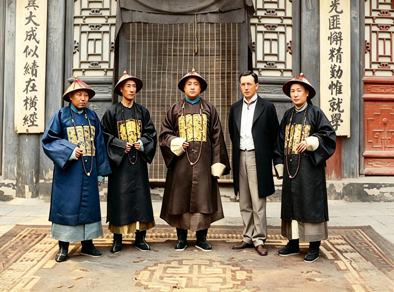 这是百年前天下第一家圣府中的特殊合影。正中站的是东道主衍圣公孔令贻。他左边一个瘦
