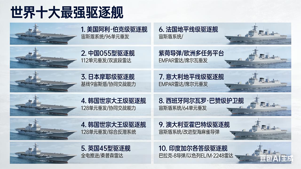 世界十大最强驱逐舰（2026综合战力排名）
 
排名基于吨位、雷达、垂发、反舰/
