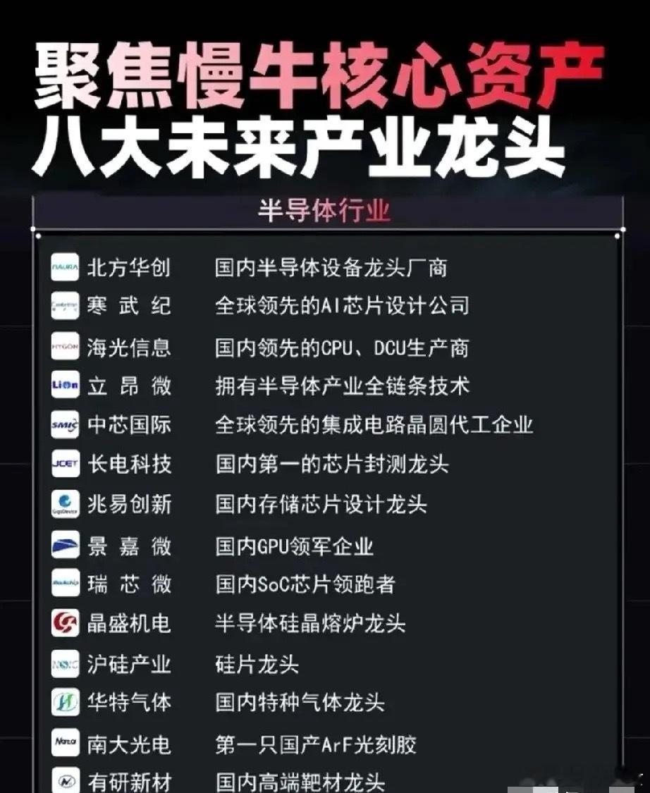 “慢牛核心资产”之半导体！本次梳理展示了半导体行业的龙头企业，覆盖了设备、设计、