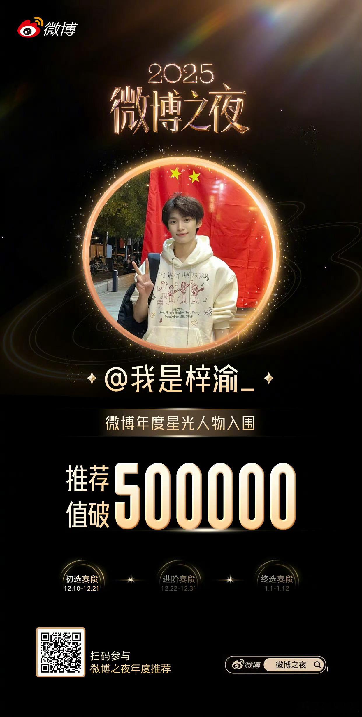 梓渝微博之夜星光人物推荐值破50万，全榜首个50万，断层领先！恭喜梓渝，内娱独爆