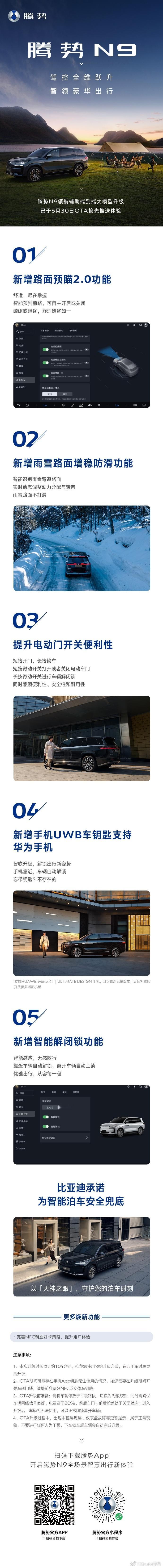 腾势N9新增五大功能7月21日，腾势汽车宣布，腾势N9迎来了智控方面的重大升级，