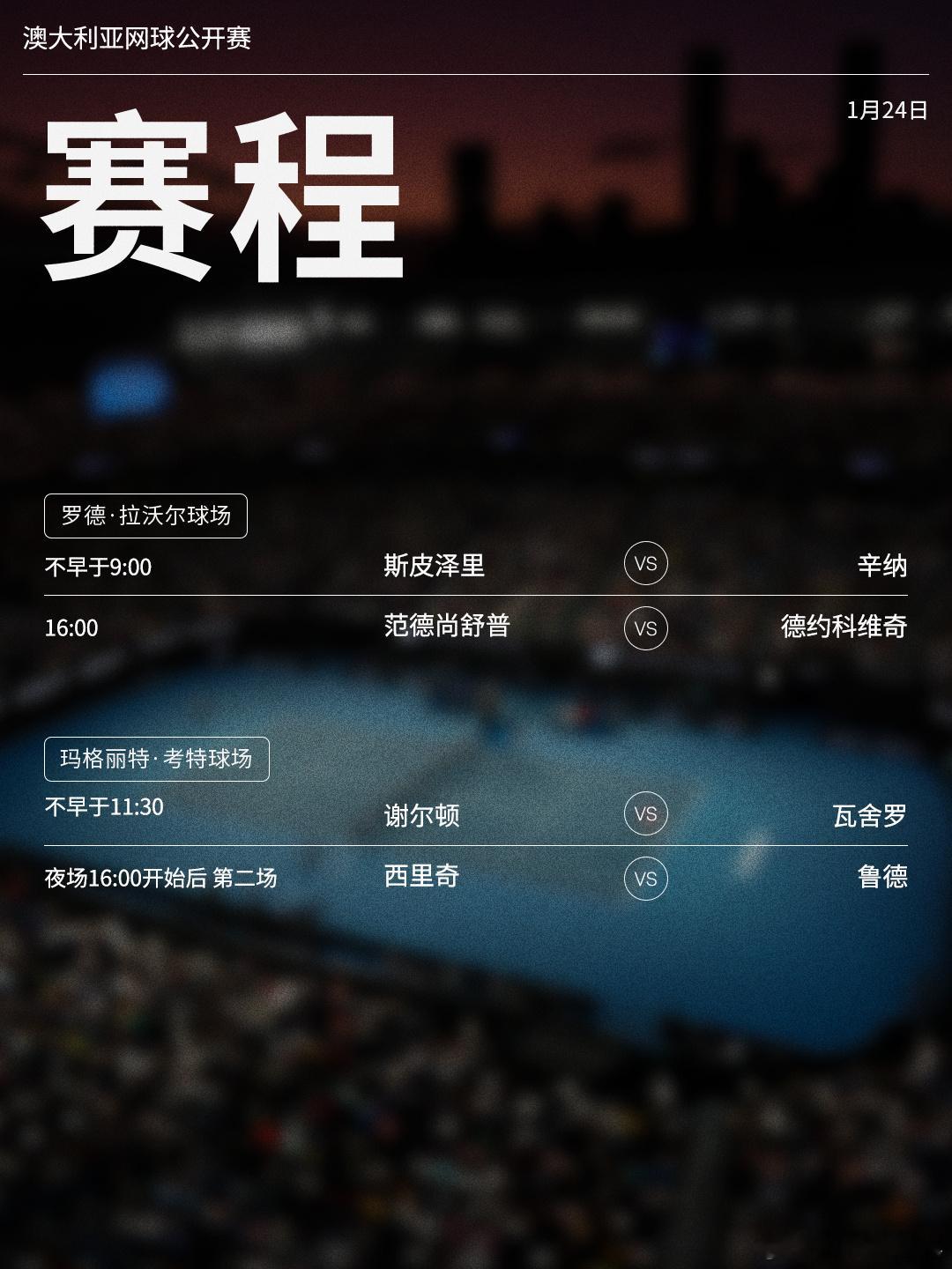 澳网2026 1月24日将展开下半区男单第三轮的争夺，赛程见图（均为北京时间）?