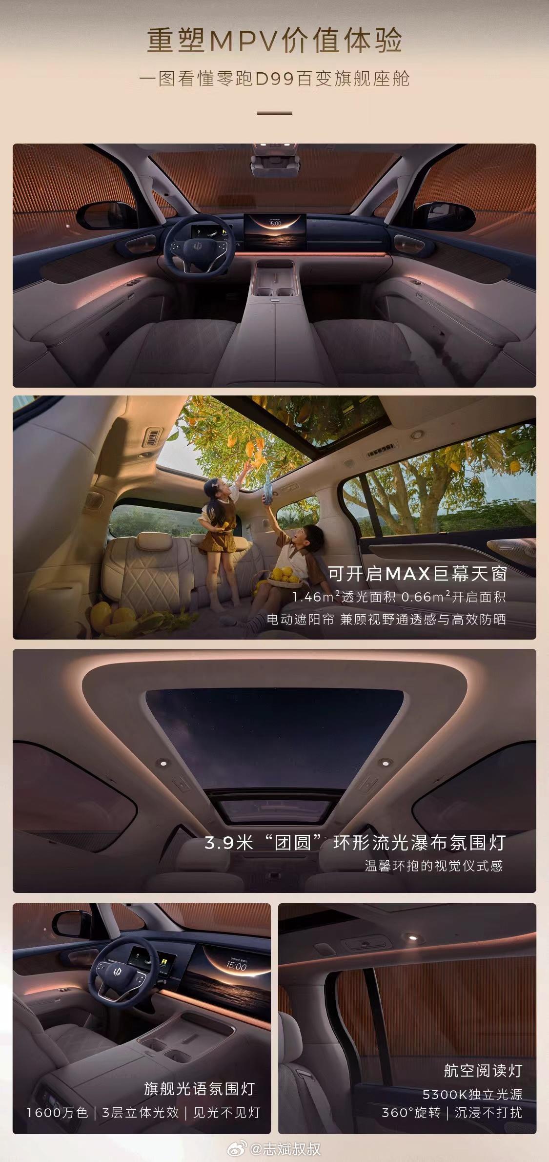 一图看懂零跑D99内饰首秀可开启MAX巨幕天窗、二排双124°零重力旋转航空座椅