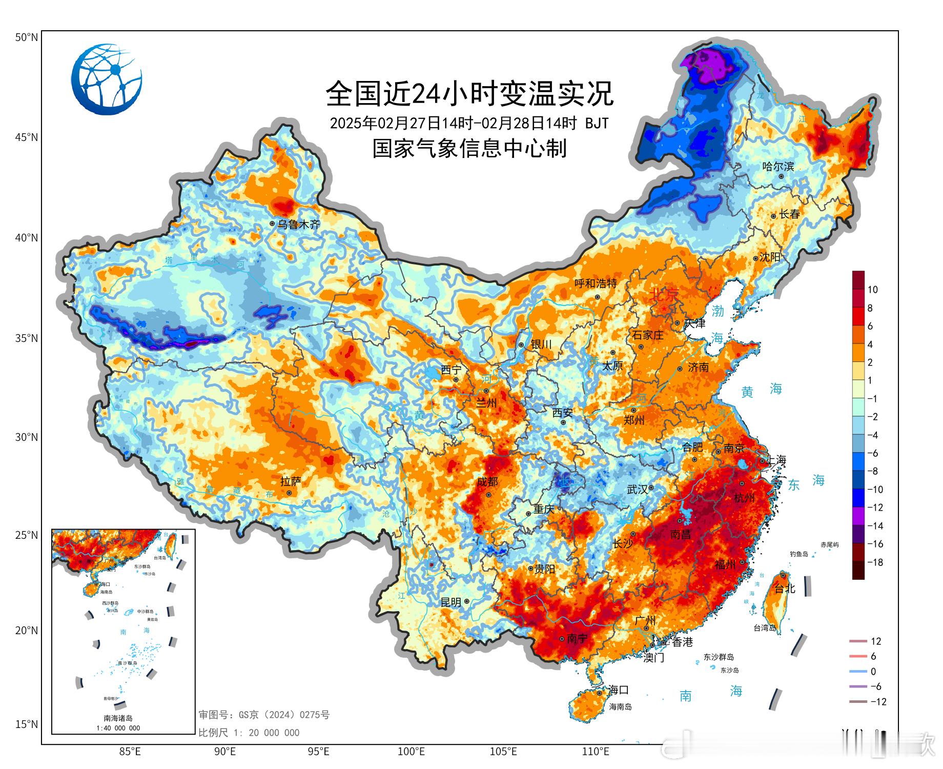 【气温走势开始分化】今天我国大部地区的气温继续上升，江南华南升温尤其明显，部分站