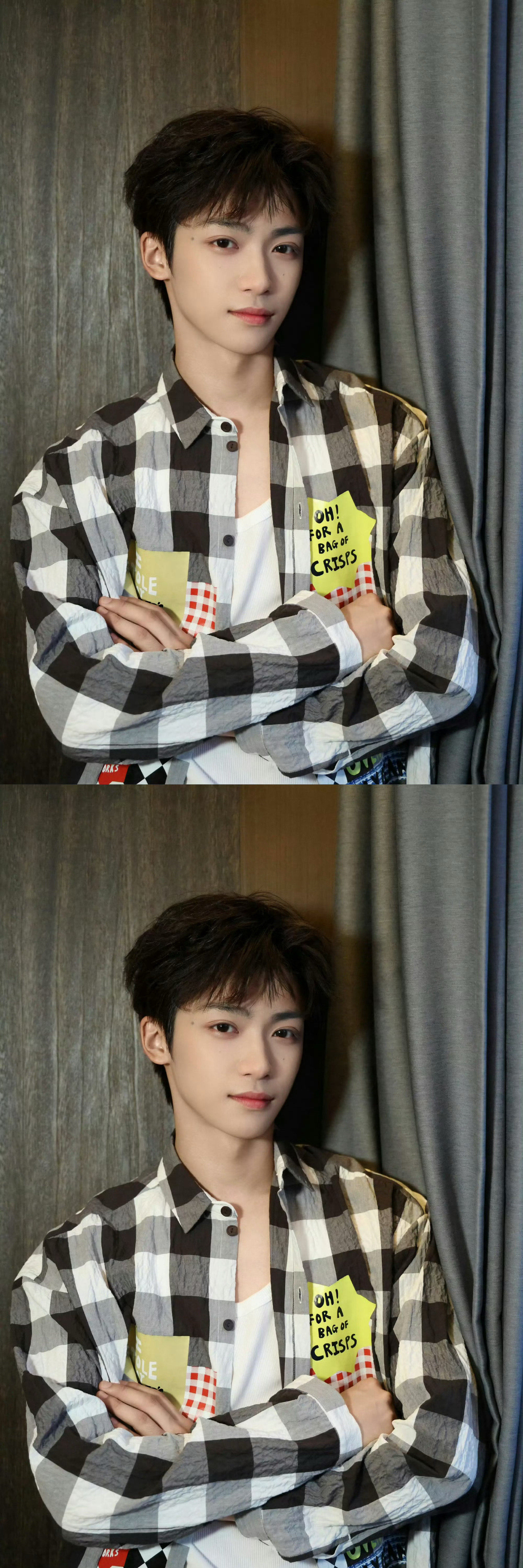 梓渝蓝调时刻 梓渝格子衬衫营业梓渝今日份新鲜营业：蓝调时刻！格子衬衫六宫格，帅气