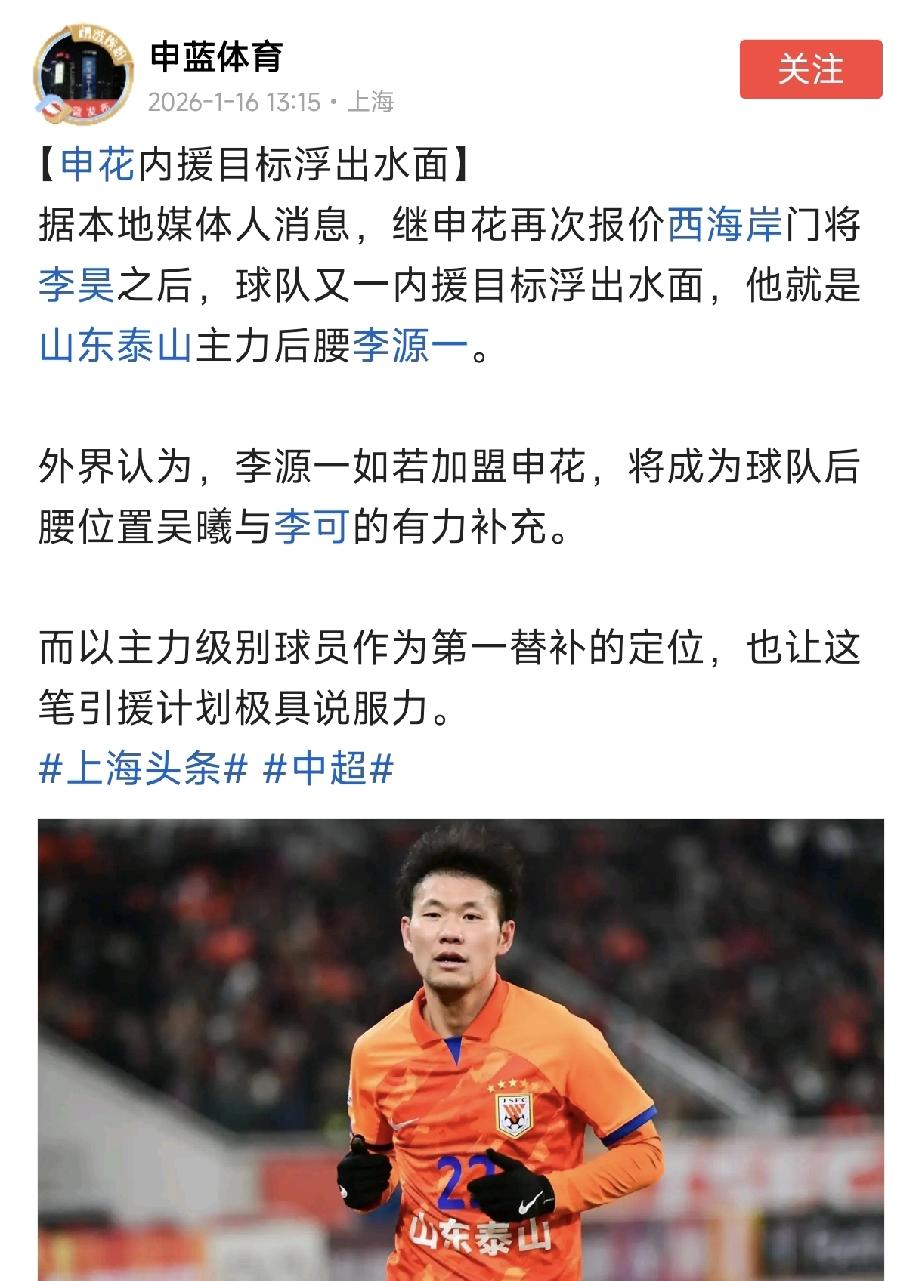 沪媒：上海申花有意泰山队中场李源一！
知名沪媒申蓝体育消息，申花队内援引进方面再
