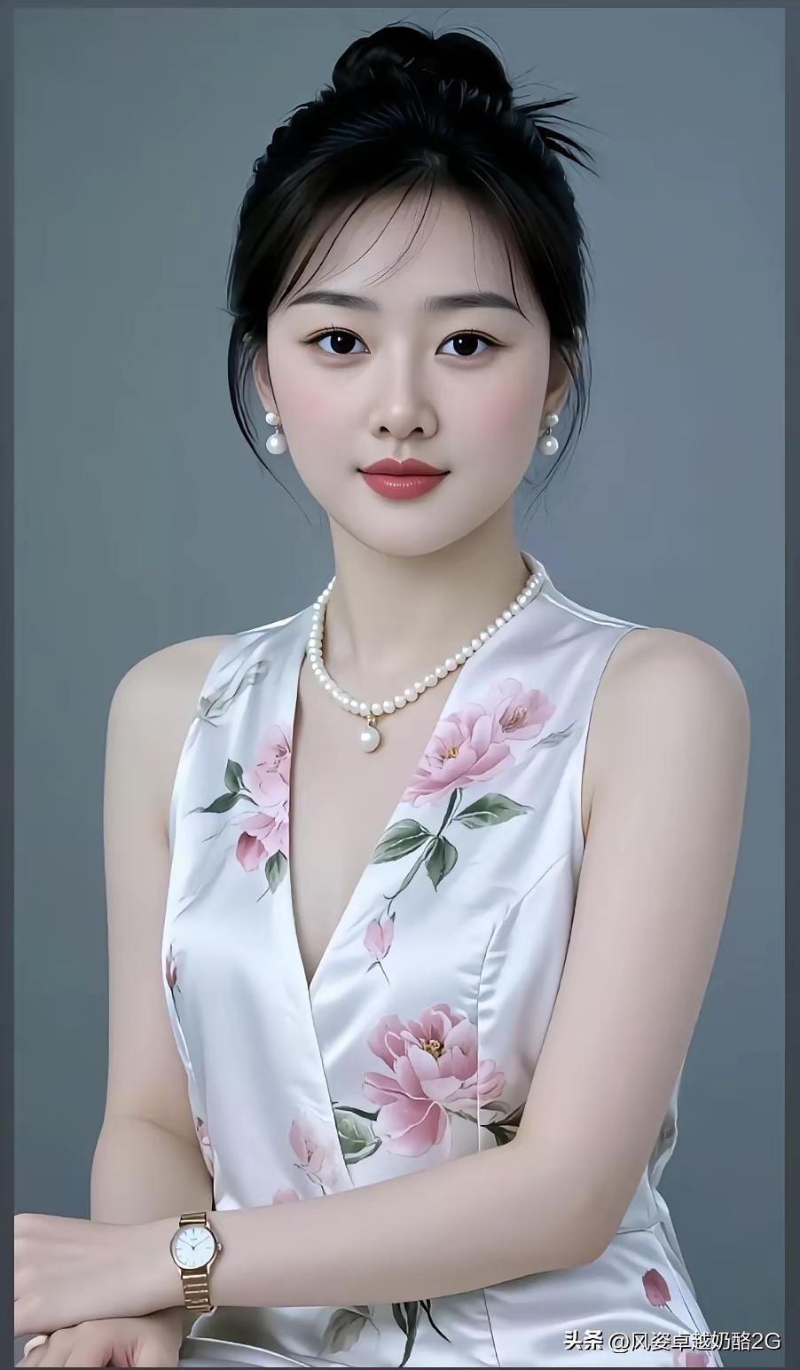 优雅气质，粉花旗袍，珍珠点缀，尽显东方美！