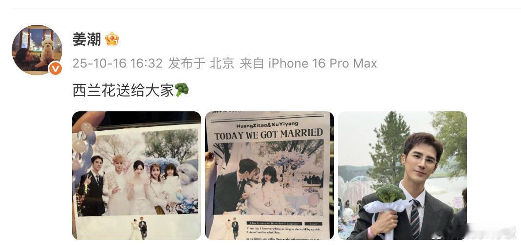 黄子韬徐艺洋姜潮麦迪娜合照姜潮回应在黄子韬婚礼上抢到西蓝花 晒出和黄子韬、徐艺洋