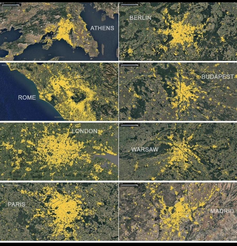 同一比例尺视角下，欧洲的8个首都都市圈建成区比较。

真实情况是:莫斯科＞伦敦＞