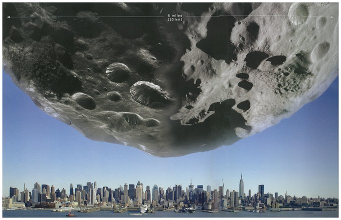 希克苏鲁伯小行星与曼哈顿的比较，这颗10公里直径的小行星于6600万年前撞击地球