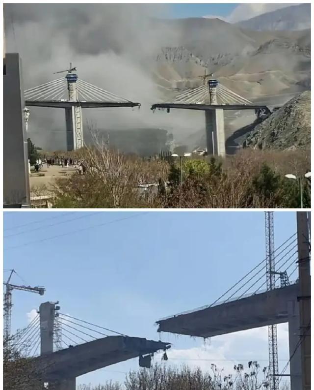 伊朗最高大桥被炸的时候，是正常通车时间！一些汽车被击中炸碎！还有一些汽车没刹住，