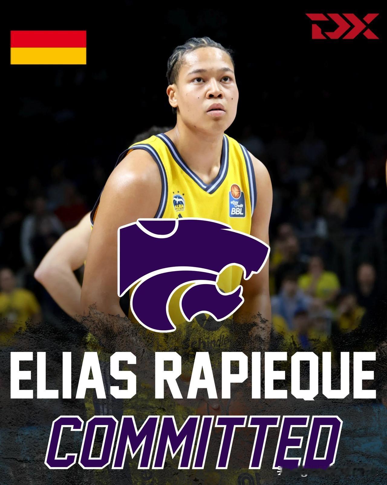 德国21岁前锋Elias Rapieque宣布承诺NCAA男篮 堪萨斯州立，效力