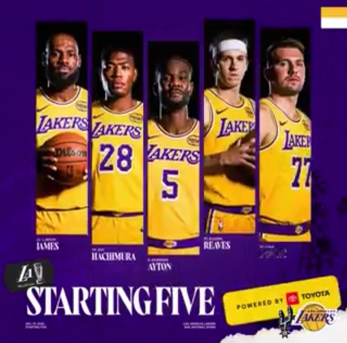 湖人今日首发:东契奇、里夫斯、八村塁、詹姆斯和艾顿.湖人国度洛杉矶湖人