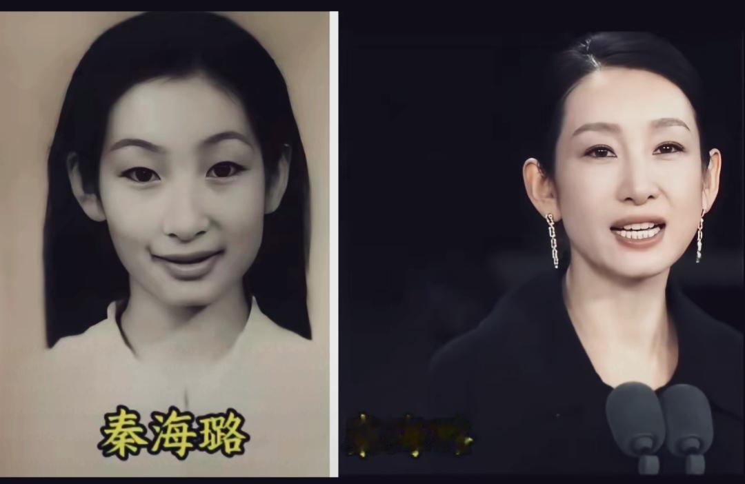 秦海璐青年时期证件照眉眼细长，面部线条青涩柔和，青涩文艺感！
中年阶段：气场全开