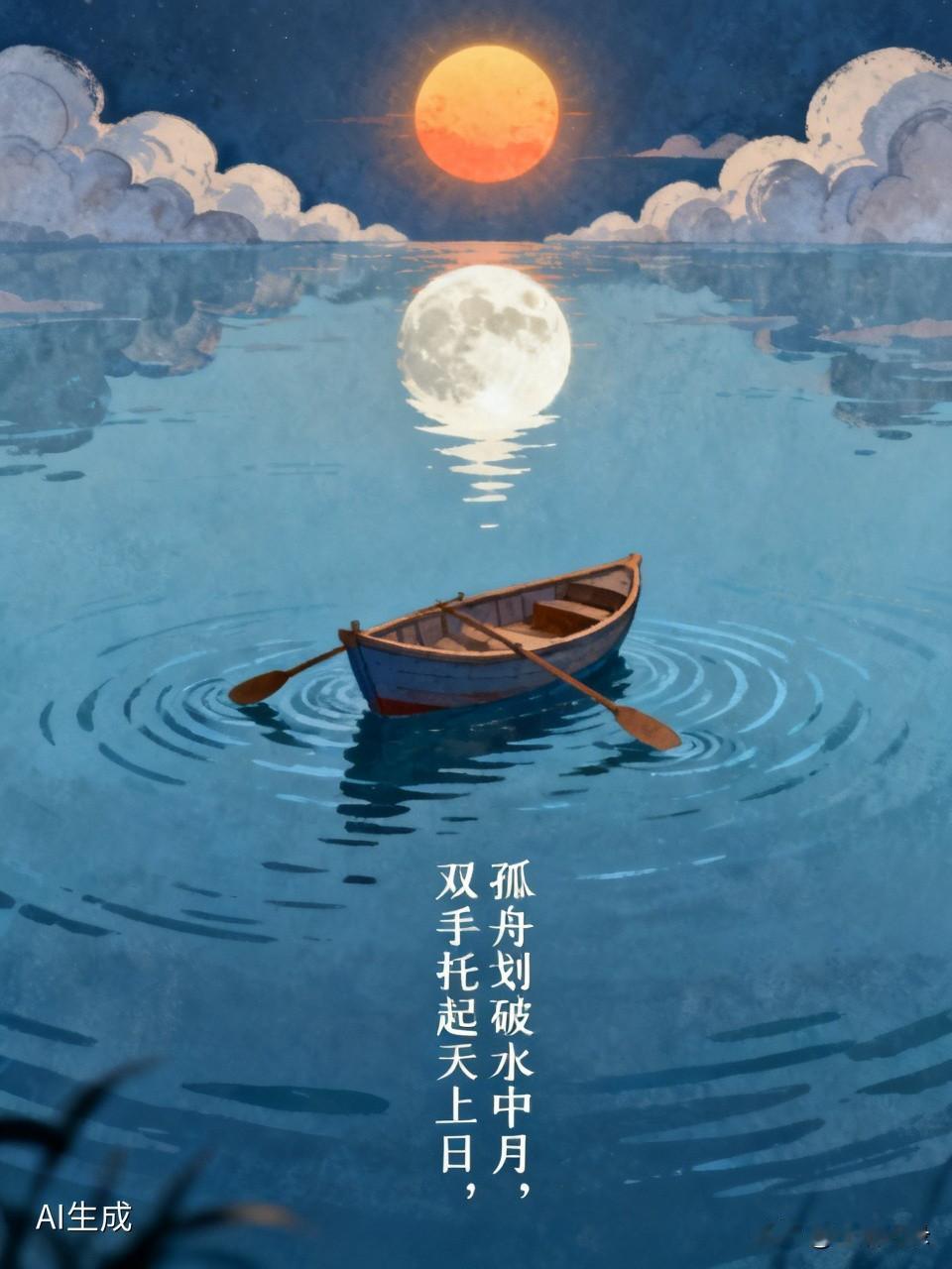 “孤舟划破水中月，双手托起天上日”，这句太有画面感了。想象一下，在宁静的夜晚，一