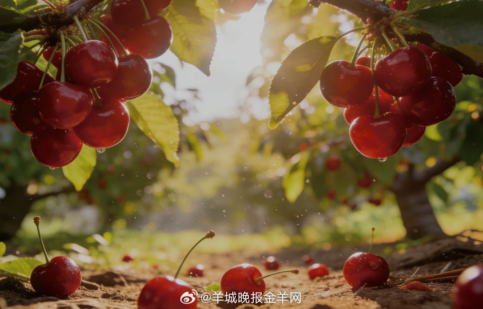 早安 清晨的车厘子园，阳光照耀下，鲜红饱满的车厘子挂满枝头，绿叶点缀其间，地面有