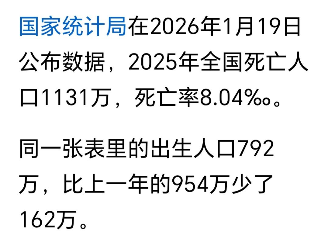 1131万对792万！差是339万！出生人口跌破800万，而死亡人口却突破了11