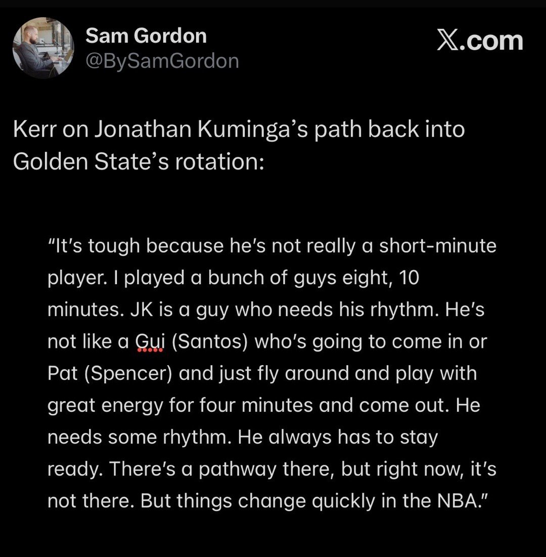 科尔谈库明加重返勇士轮换阵容：有可能，但很难"这很困难，因为他不是一个适合打短时