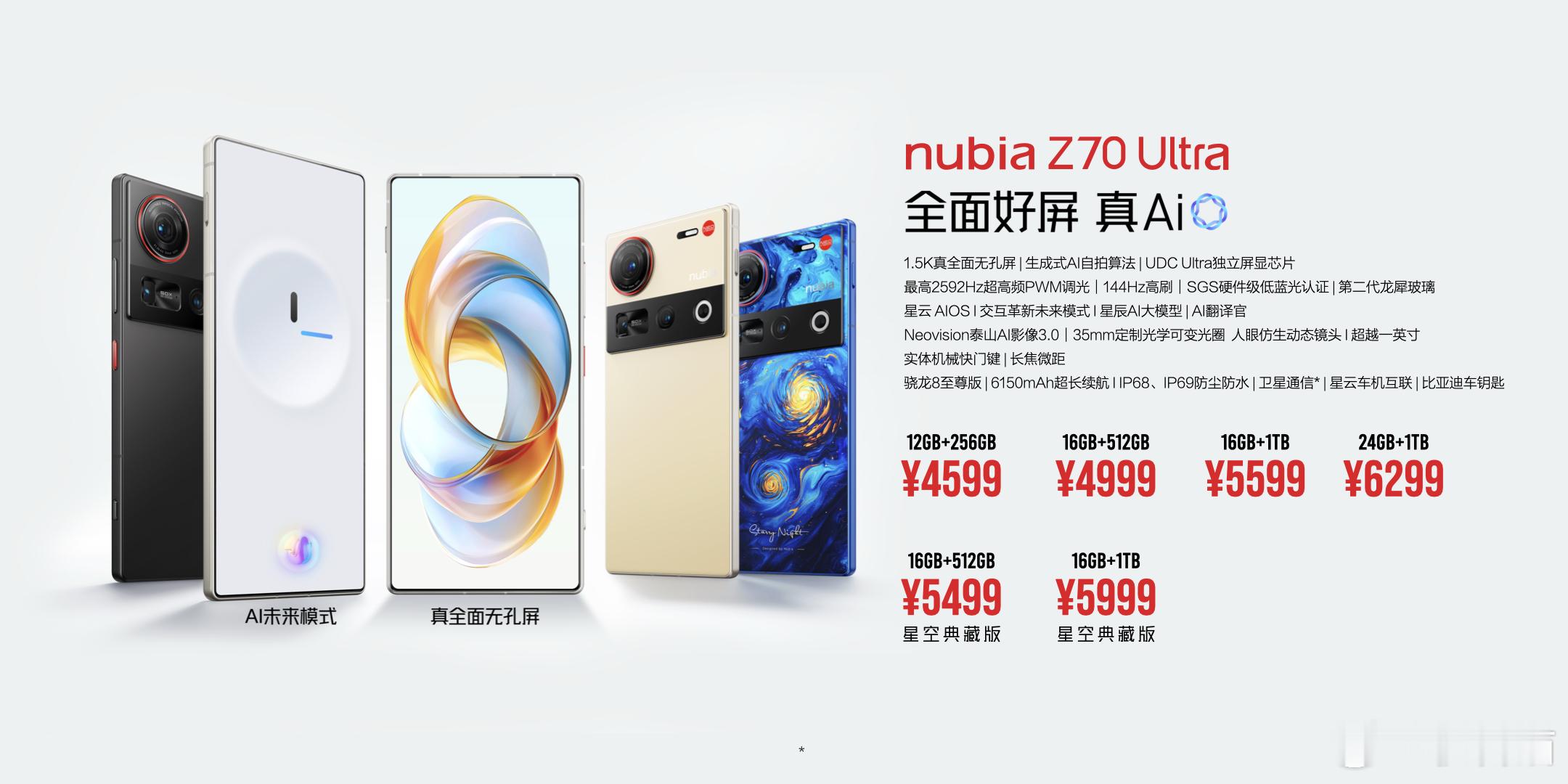 努比亚Z70 Ultra售价：12+256GB 4599 元16+512GB 4