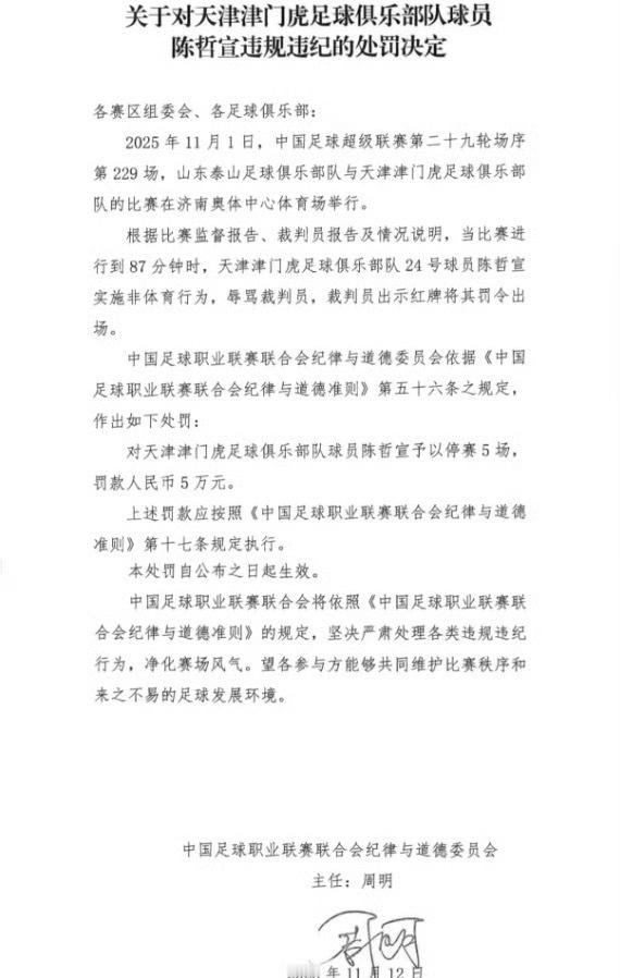 因实施非体育行为、辱骂裁判员，天津津门虎球员陈哲宣被处罚