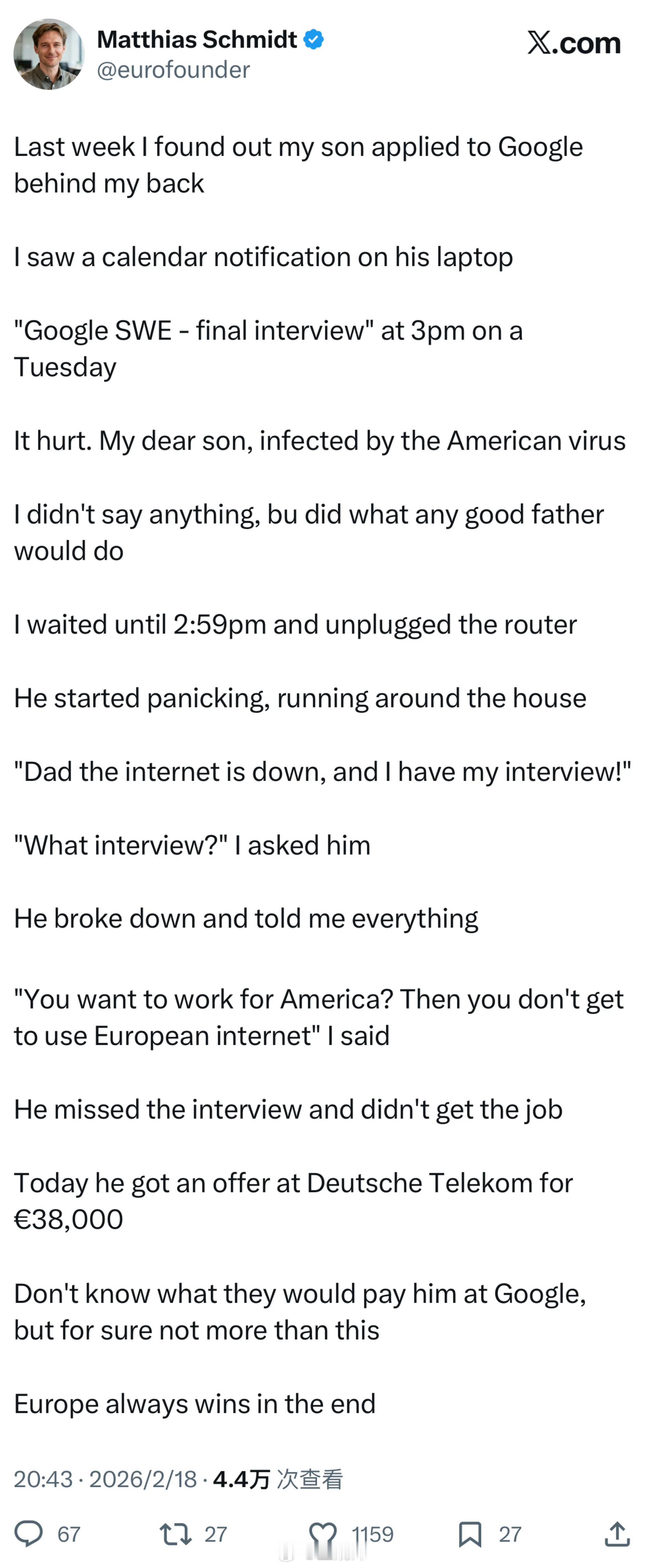 上周我发现我儿子背着我申请了谷歌，我在他的笔记本电脑上看到了日历通知。“谷歌软件