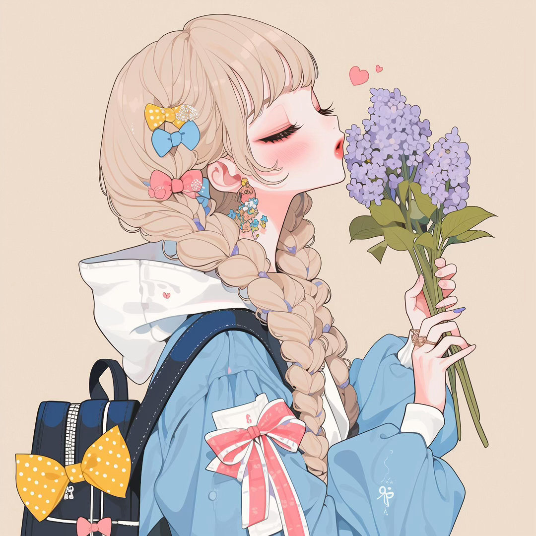 捧着一簇温柔花束的少女头像蝴蝶结缠绕麻花辫，裹挟淡淡的花香氛围感无水印，自取愉快