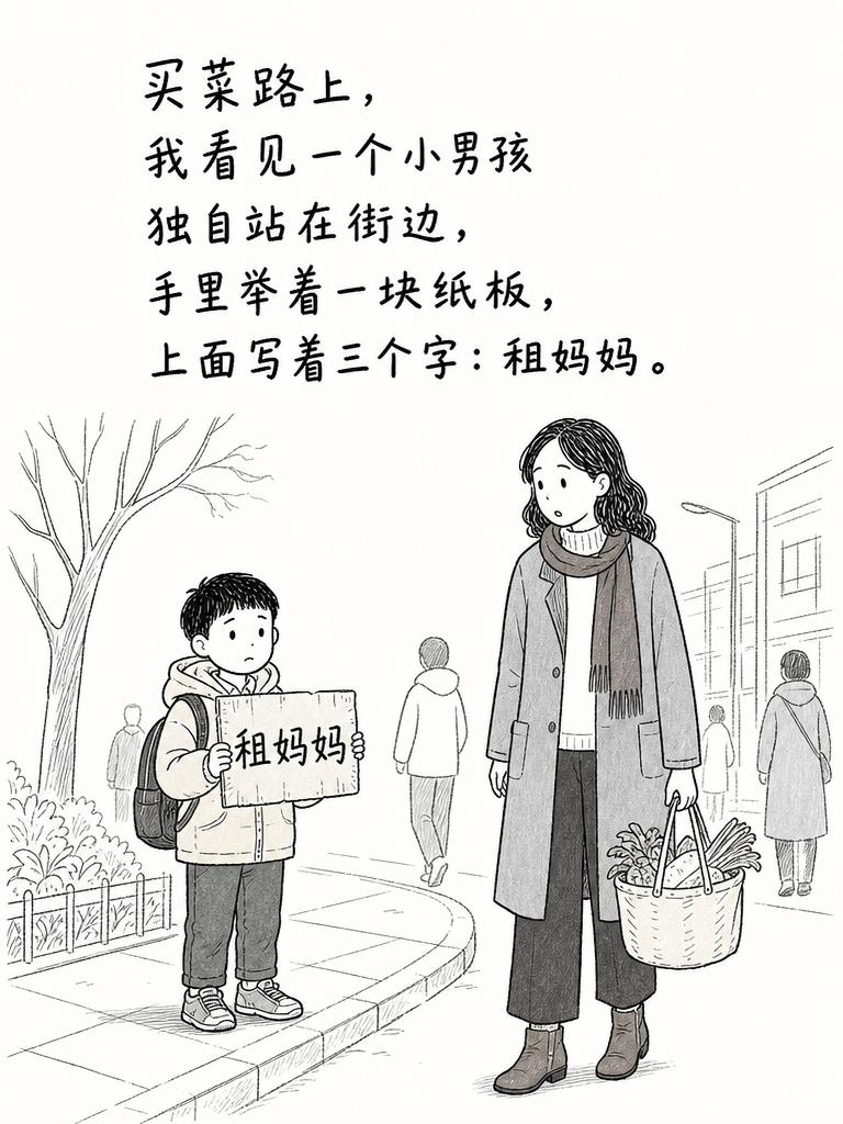 男孩站在街头，牌子上写的租妈妈，我毫不犹豫的走过去···