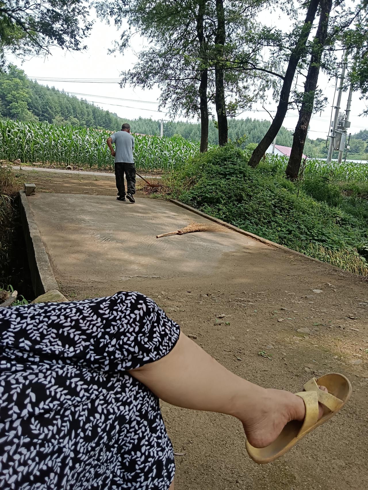 邻居老两口在我家房后坐着
老头看我拿扫帚扫树叶子
他就说我给你扫吧
我说不用你
