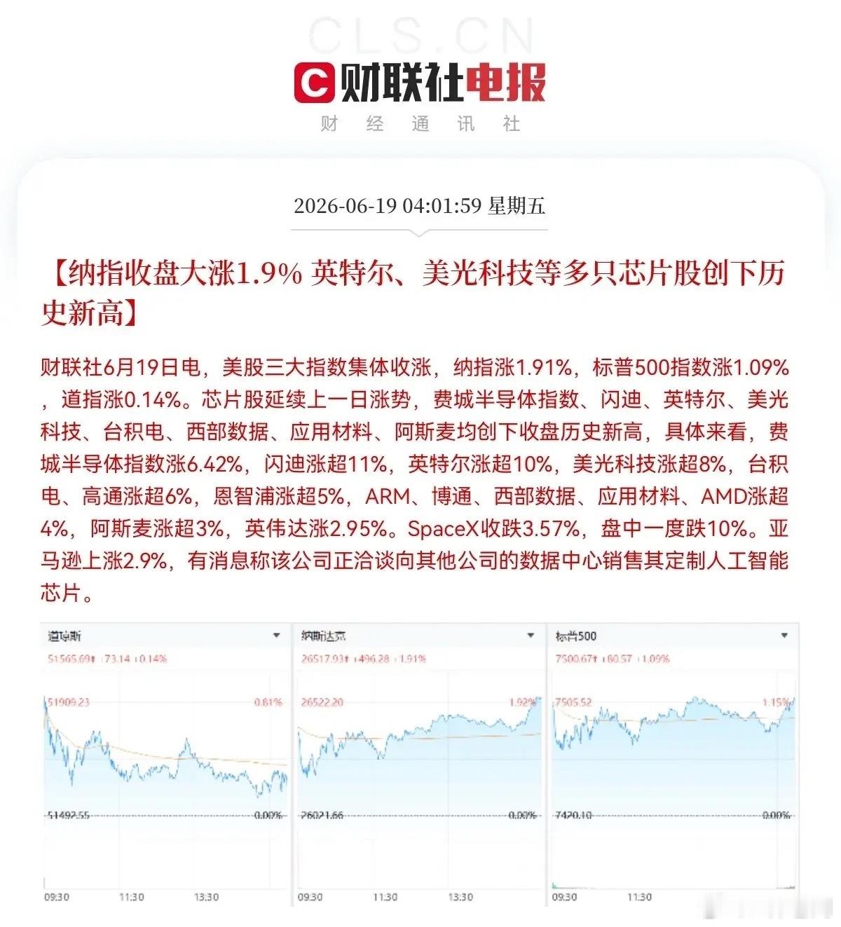 又被利好消息惊醒了！美股三大指数全线上涨、半导体芯片暴涨！真强啊！一大早又有大惊