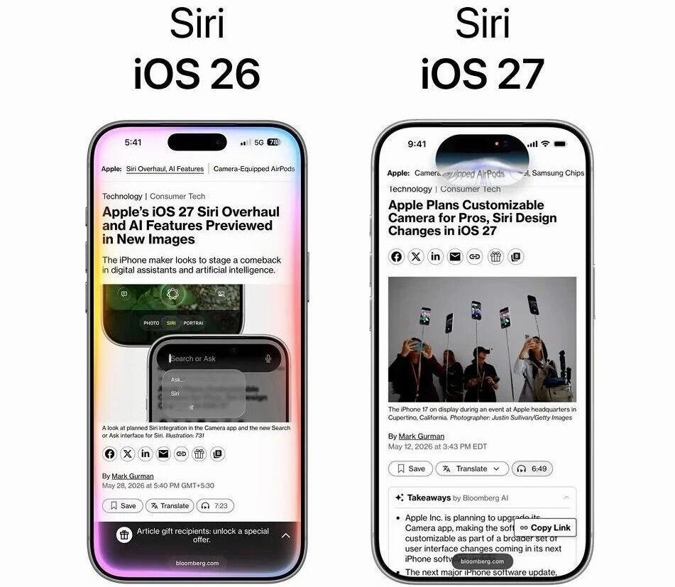 iOS27 的 Siri 又改了？呼出后显示在灵动岛上了也就是说，很多人连跑马灯