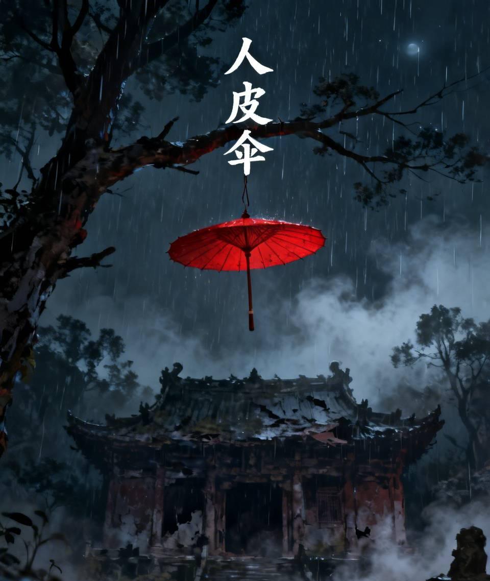 江湖怪谈•荒诞志261《人皮伞》
雨夜，书生借宿荒庙，遇一绝色女子撑红伞相迎。伞