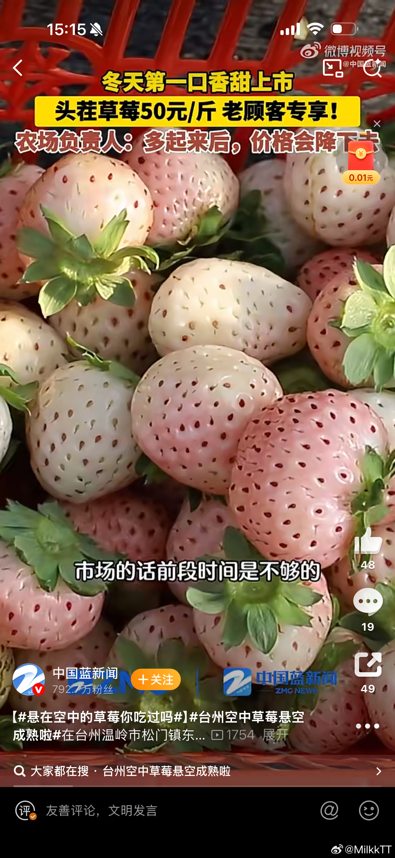 温岭松门的空中草莓熟啦！6亩大棚里，无土栽培的草莓悬空挂枝、粉嫩诱人，11月初至