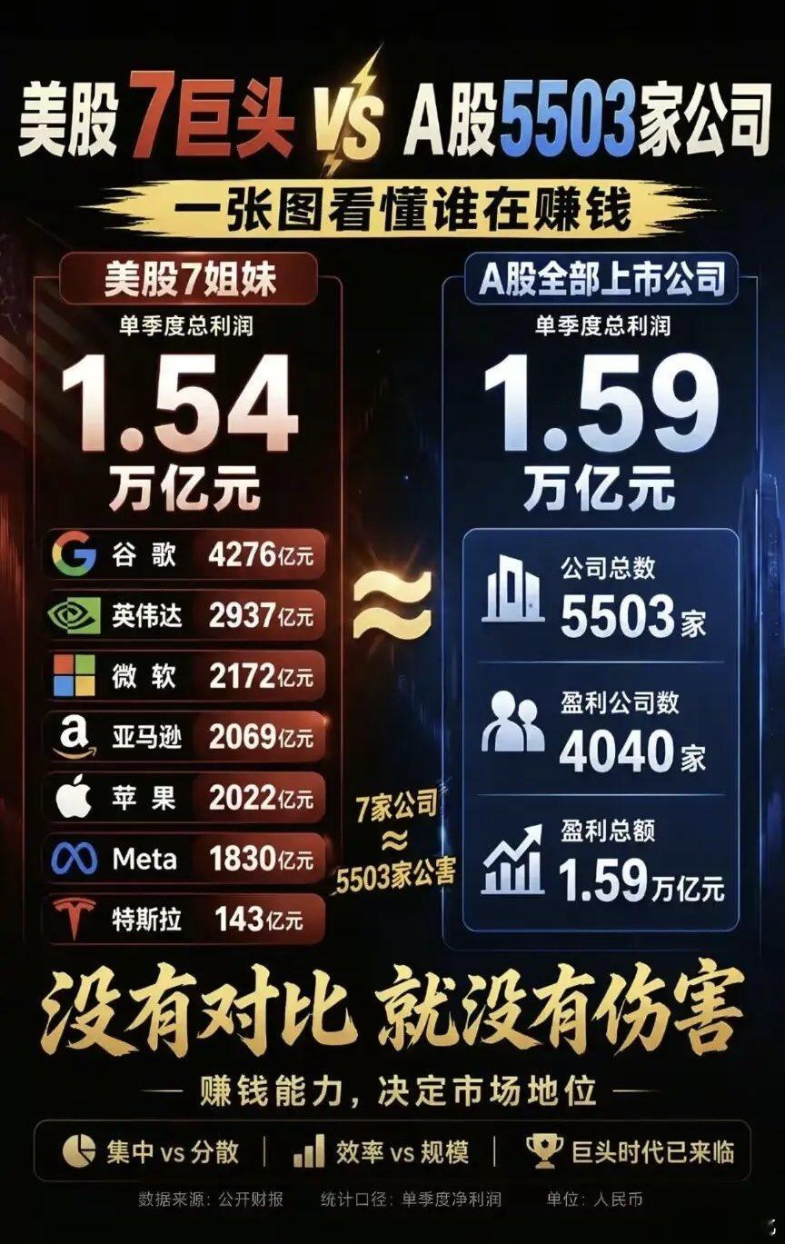 美股七姐妹的盈利约等于全部A股上市公司的盈利。 ​​​