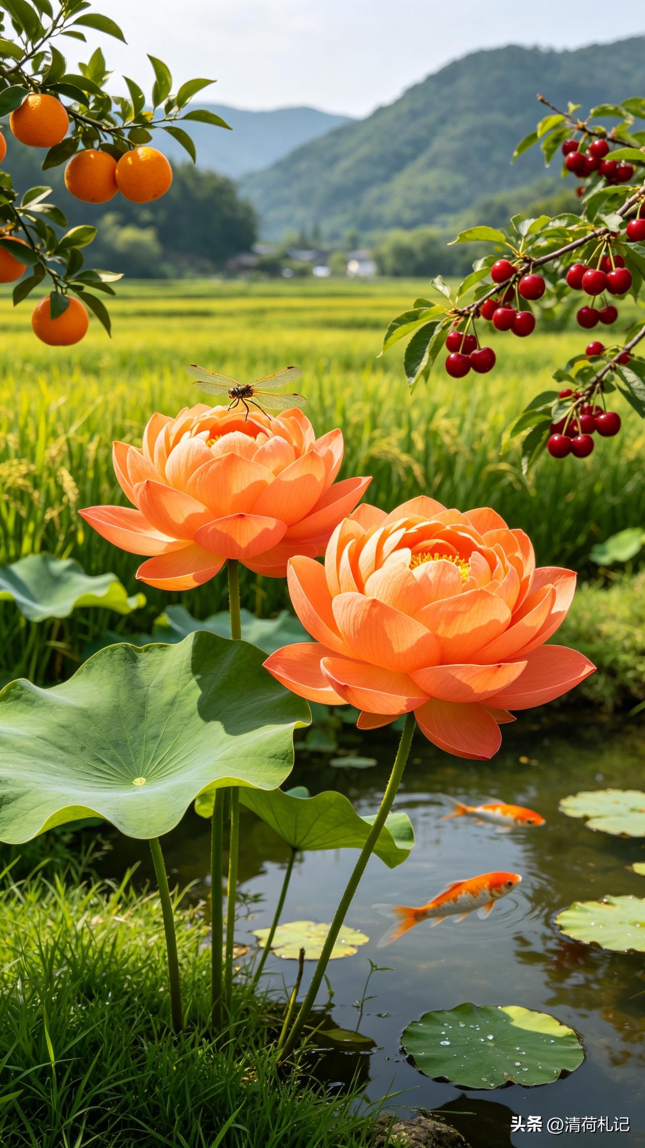 六月夏，花开半夏，果香满园，蜻蜓点水，误入一场，夏日的清梦，远山如黛，稻野如茵，