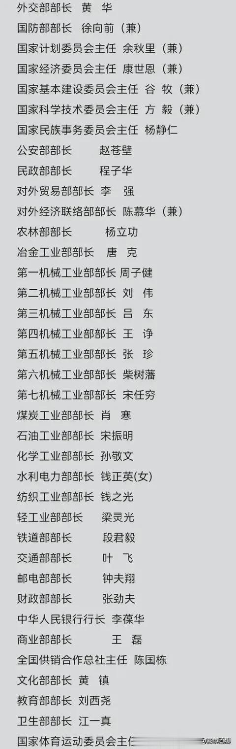1978年的“国务院领导人员”一览。

华国锋担任总理，副总理有13人（徐向前元