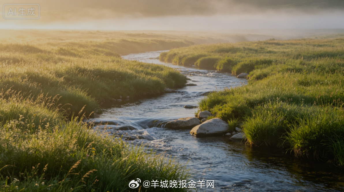 #早安# 晨光洒落曲折的溪边草甸，夏风拂动丛丛野草，流水叮咚缓缓向前。暂且放下纷