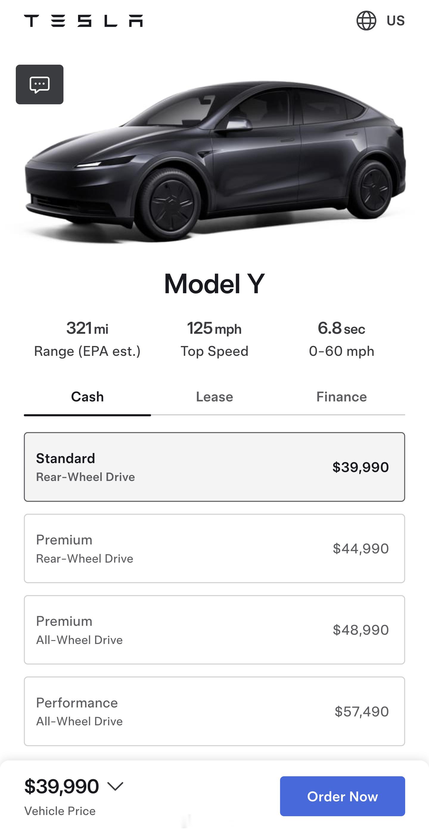 $39,990 起售，如约而至，标准版 Model Y～[酷]参考特斯拉美国官网