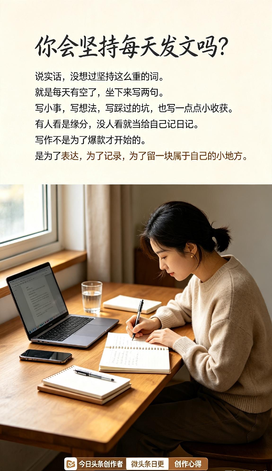 有人问我：你会坚持每天在今日头条发文吗？
 
说实话，没想过“坚持”这么重的词。