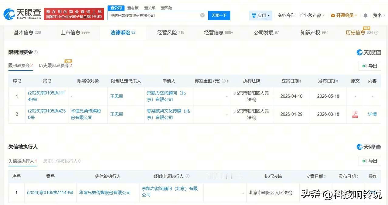 【华谊兄弟因60万案款成老赖 华谊兄弟因60万案款被限消】
天眼查法律诉讼信息显