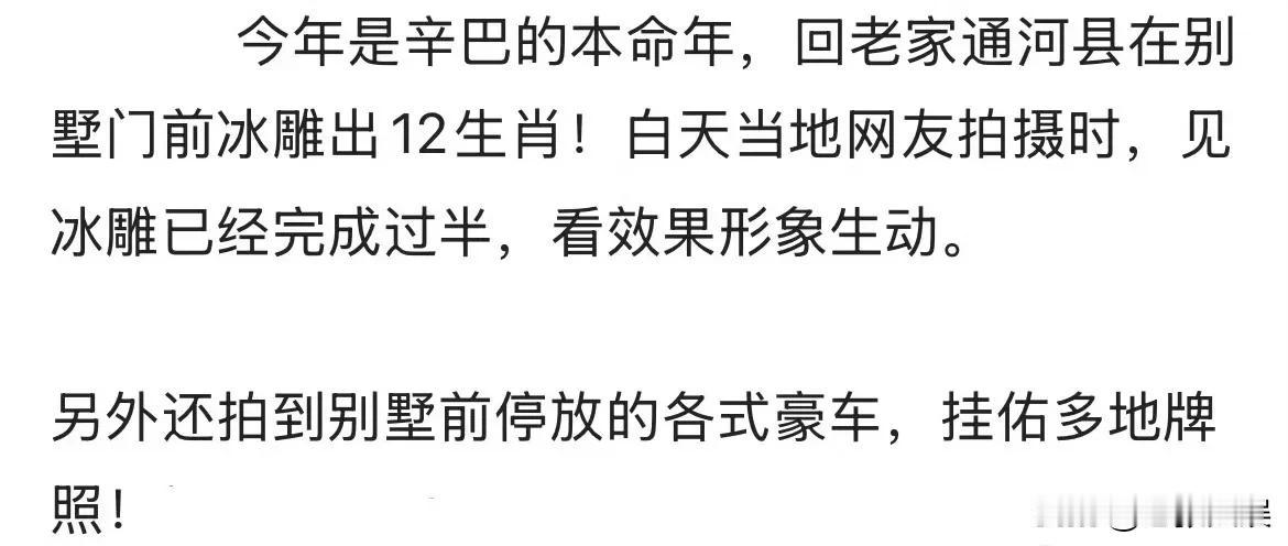 辛巴返乡，别墅前刻了12生肖冰雕，各式豪车连排。