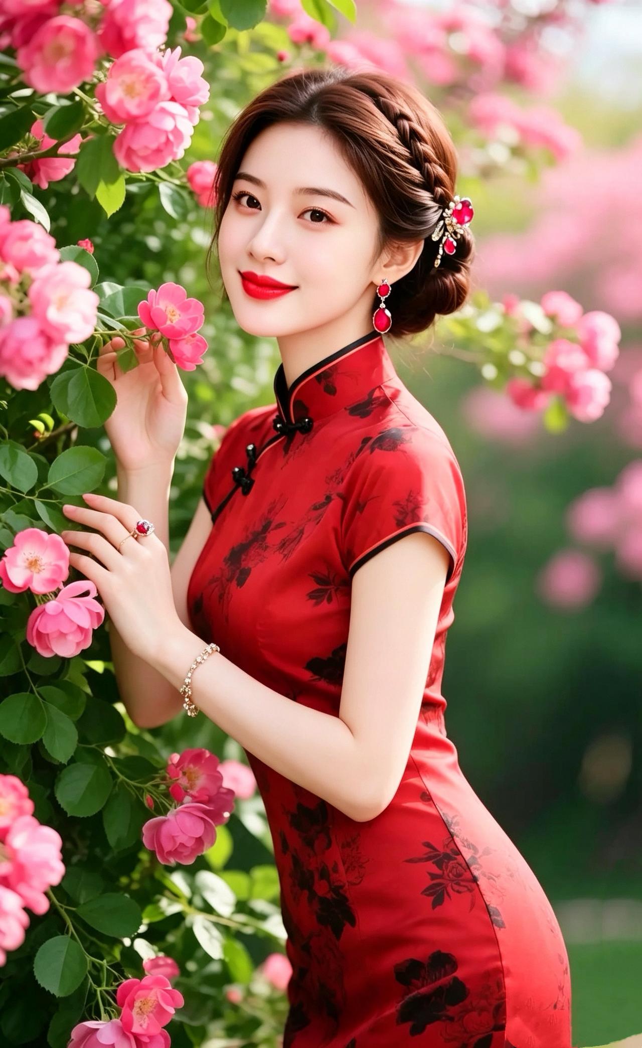 鹧鸪天•花下旗袍
柔蔓牵衣绕指香，
朱唇轻启醉韶光。
旗袍裁得春风色，
鬓畔簪来