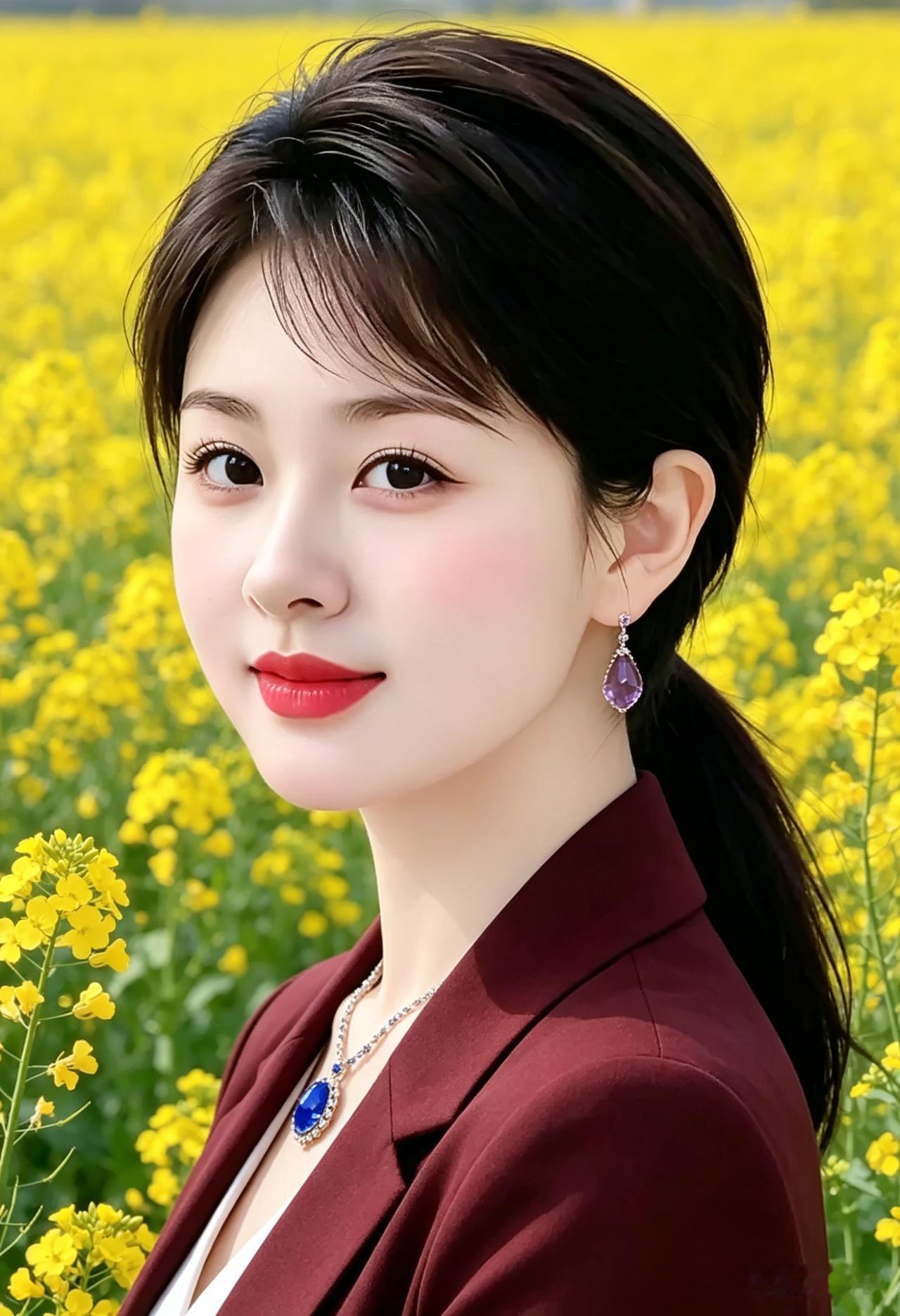 八句律诗
乌丝挽就马尾扬，嫩面凝脂浅韵香
鹅蛋娇容腮晕暖，明眸澄澈向人望
晶珠坠