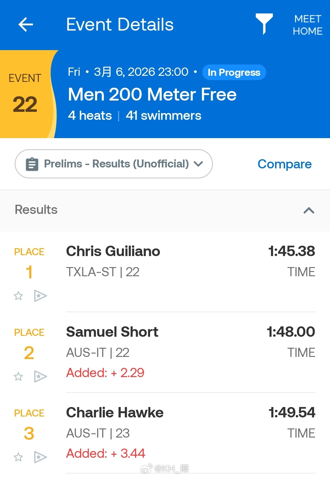 美国游泳系列赛维斯蒙特站 男200自预赛Chris Guiliano 1:45.