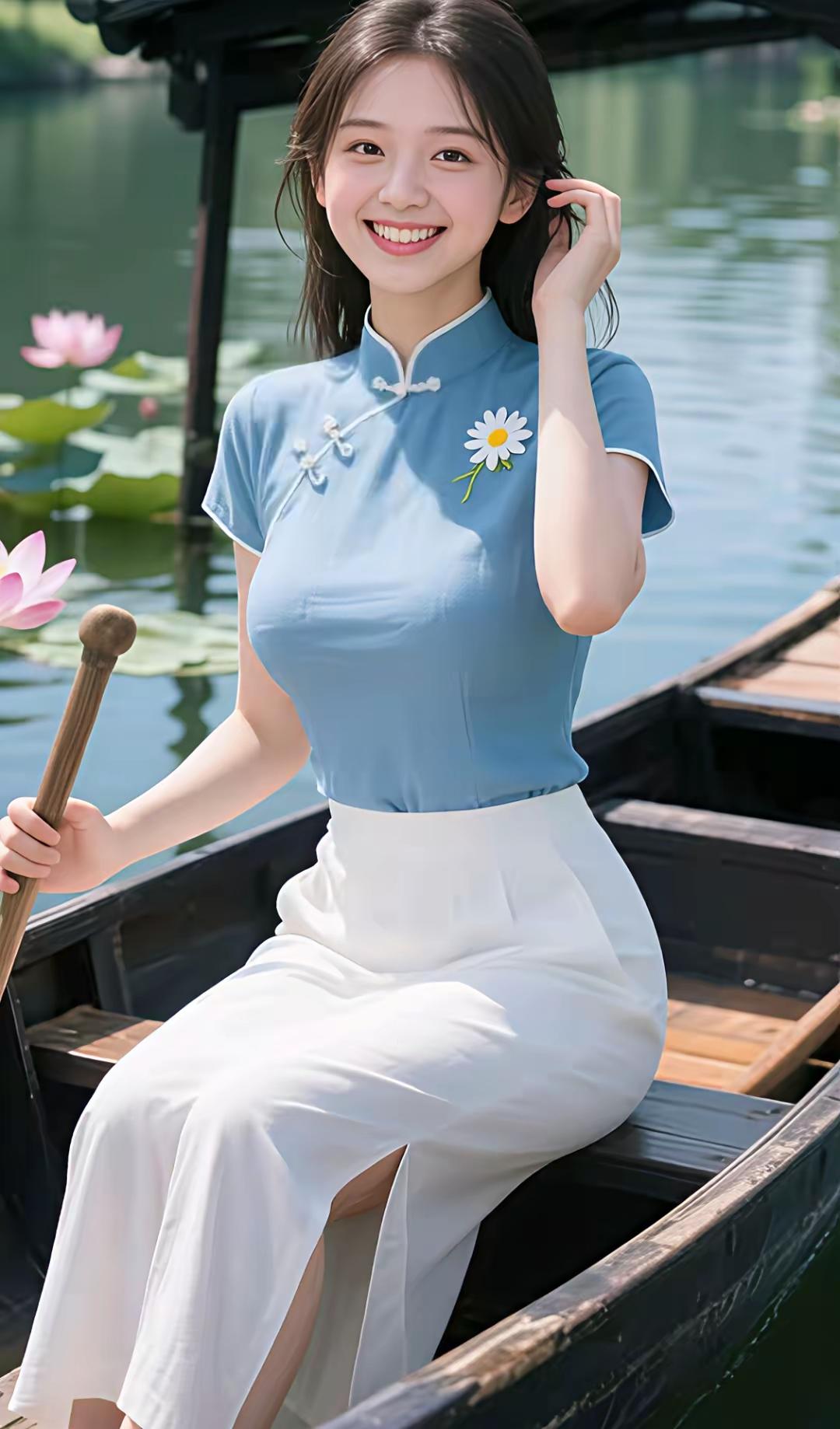 少女乘船游湖，笑靥如花，水天一色，心旷神怡。