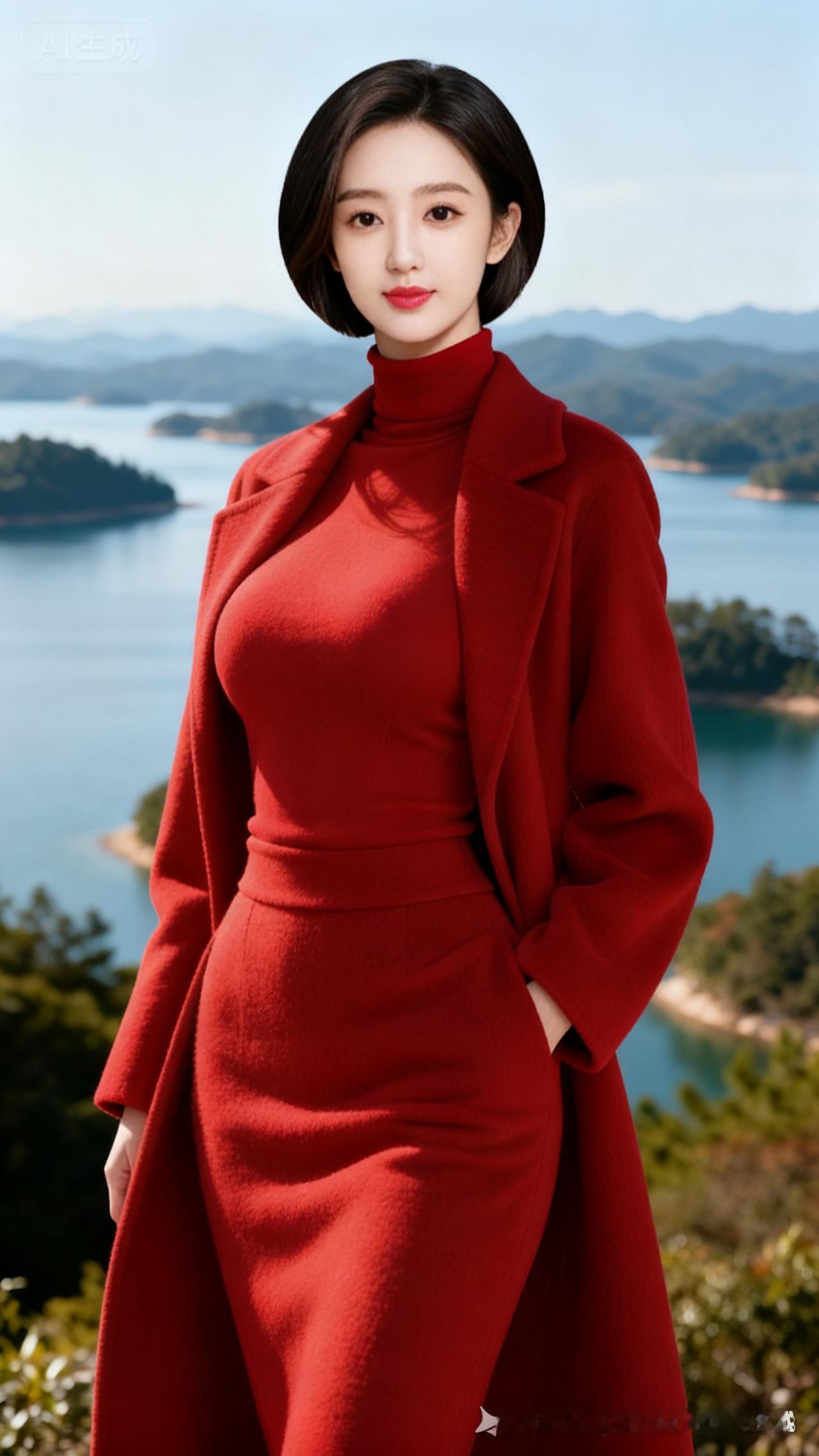 优雅红衣，湖畔美景，尽显迷人风采