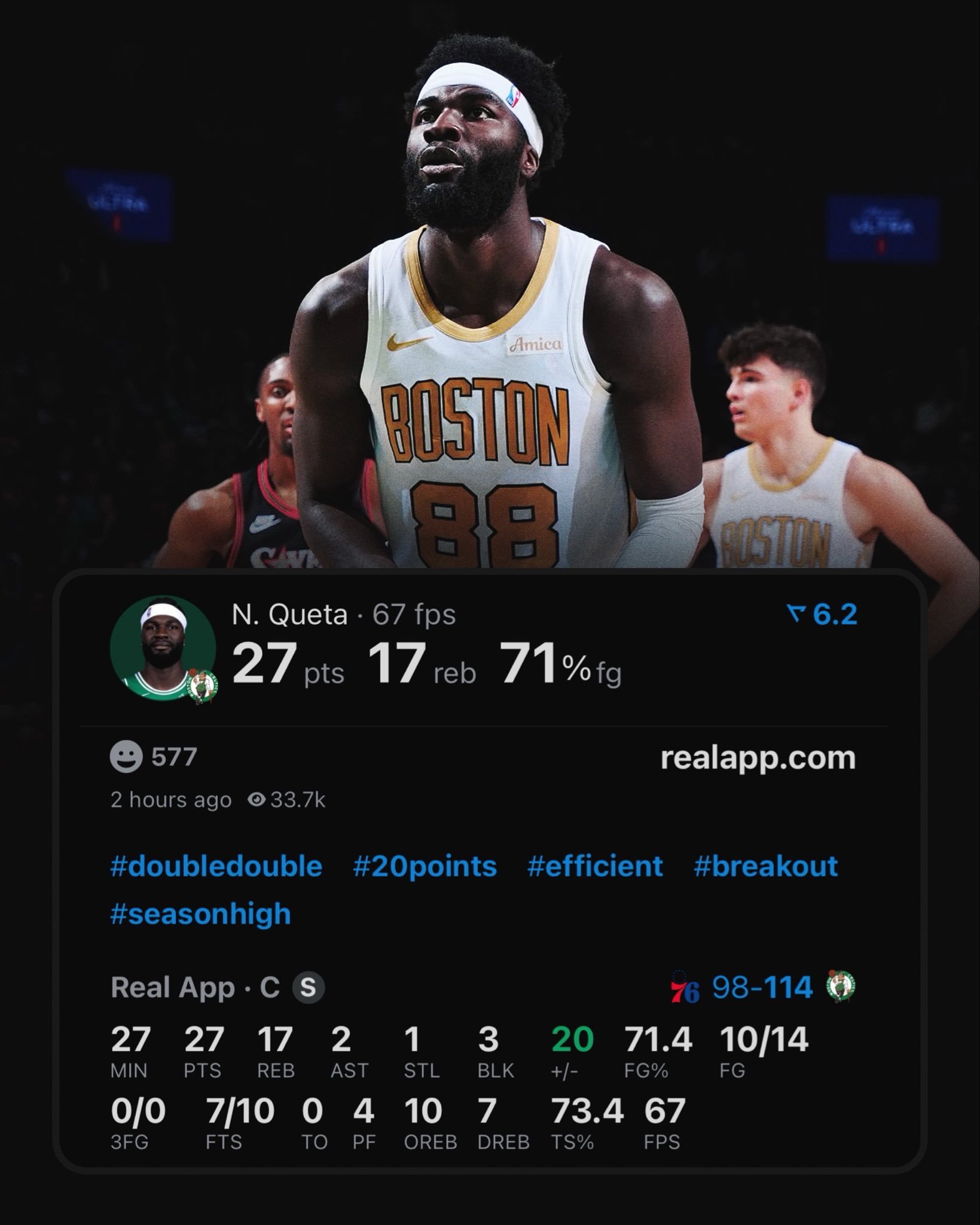 奎塔27分17篮板（10前板！）2助攻1抢断3盖帽0失误，14中10！上一个拿到